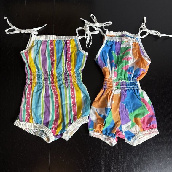Vintage 80s Toddler Girl Size 2T Lot of 2 One-Piece Tie-Shoulder Sunsuit Rompers